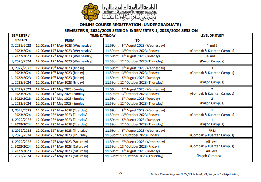 Online Course Registration schedule for Semester 3, 2022/2023 and