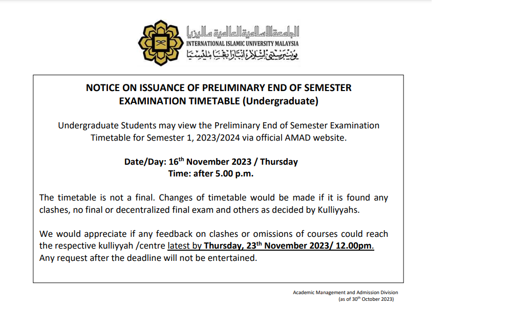 Notice on Issuance of Preliminary End of Semester Examination Timetable