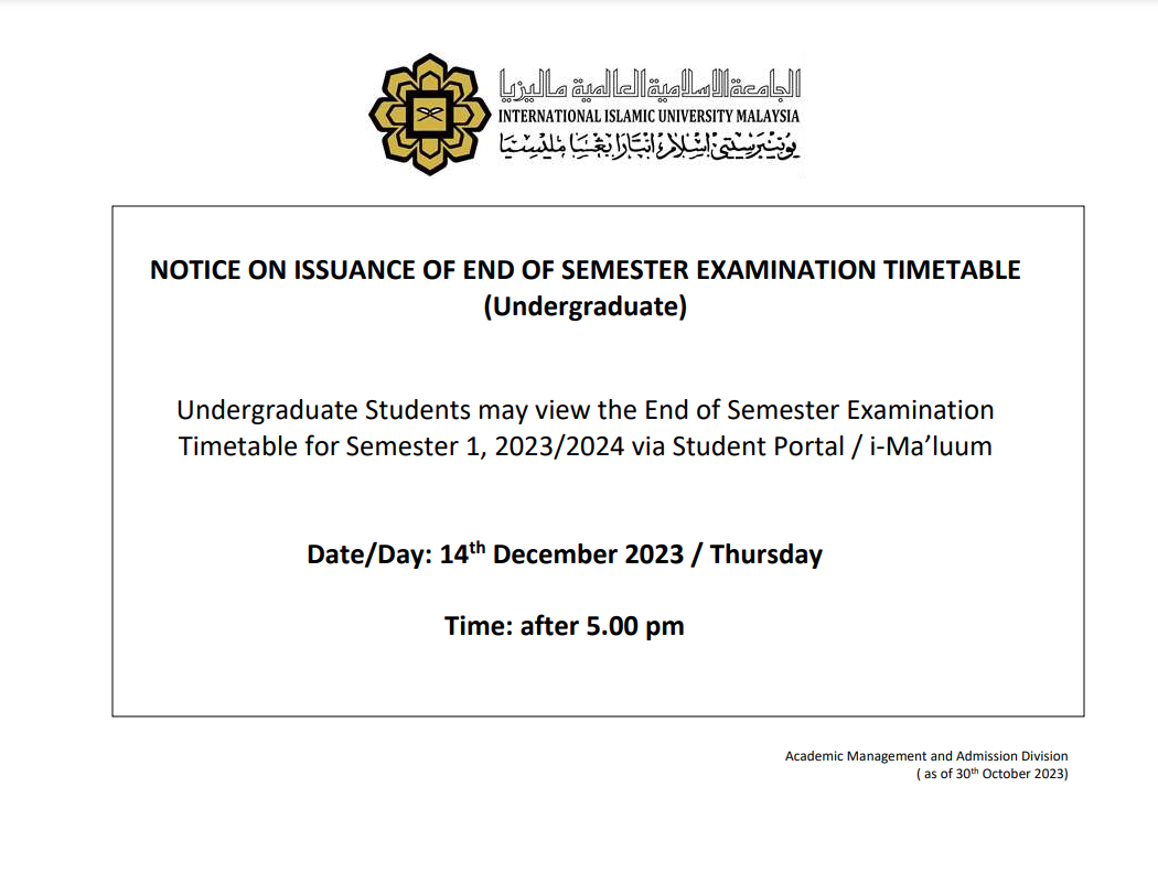 Notice On Issuance Of Final End Of Semester Examination Timetable For ...