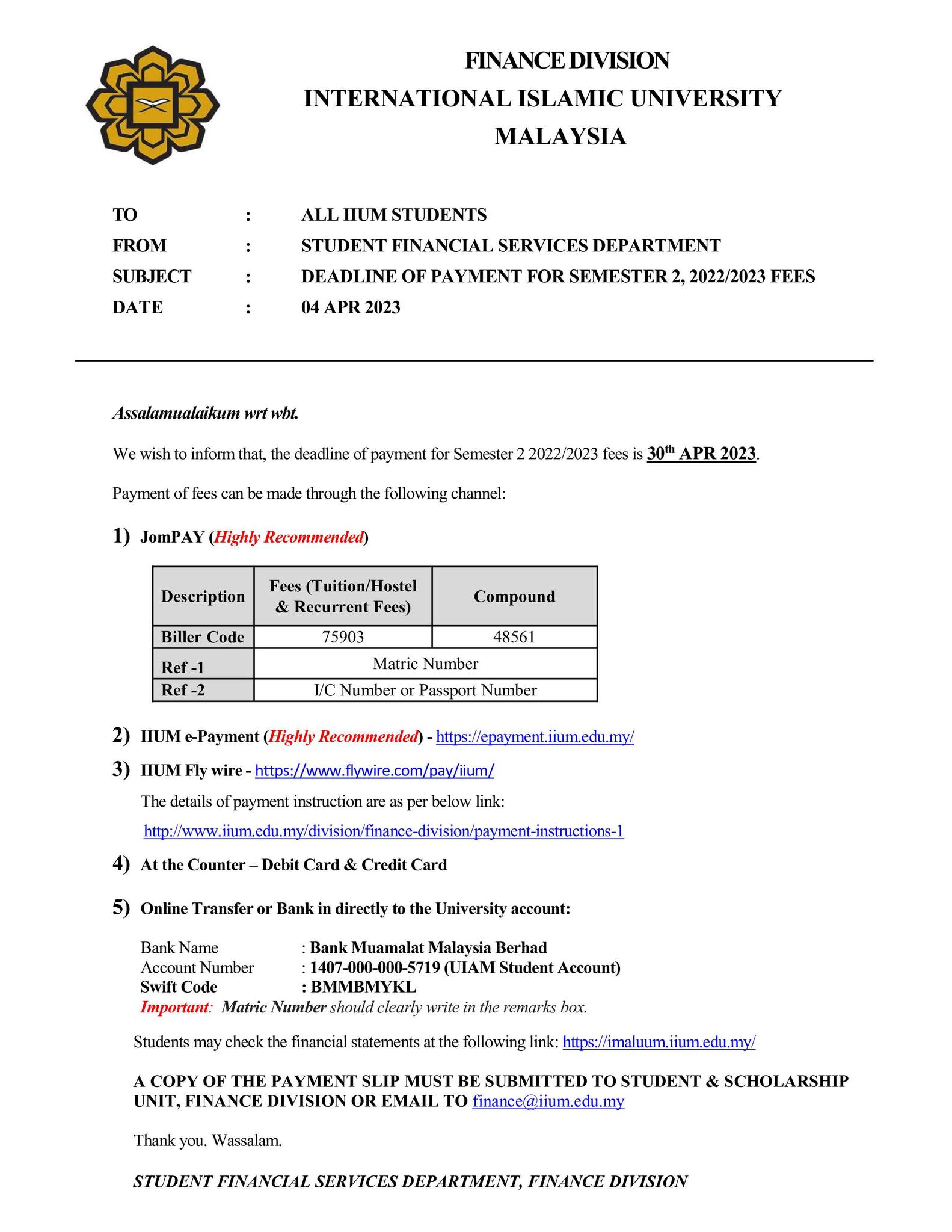 DEADLINE OF PAYMENT FOR SEMESTER 2, 2022/2023 FEES