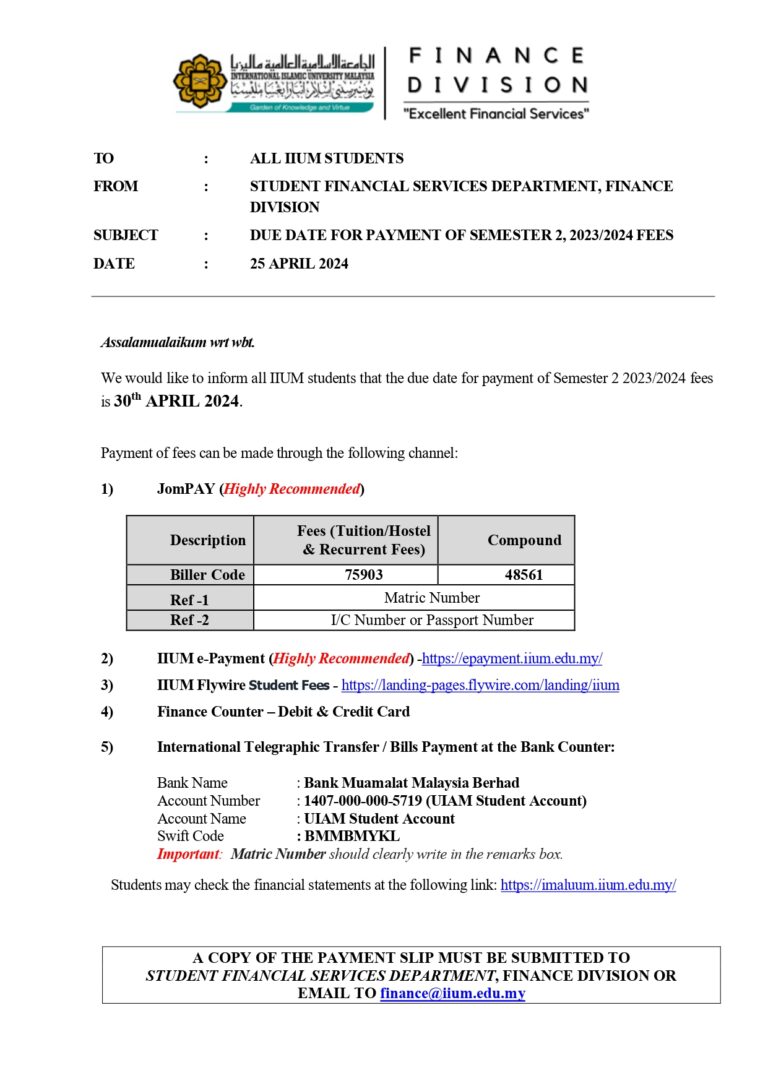 DUE DATE FOR PAYMENT OF SEMESTER 2, 2023/2024 FEES