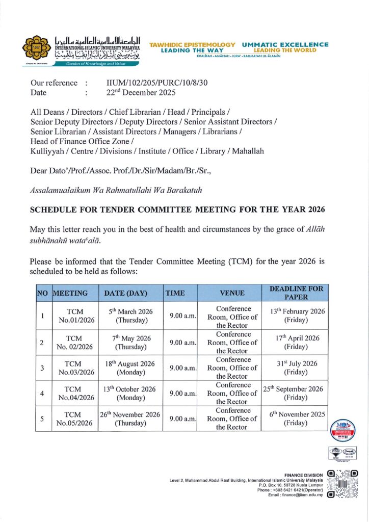 SCHEDULE FOR TENDER COMMITTEE MEETING FOR THE YEAR 2026