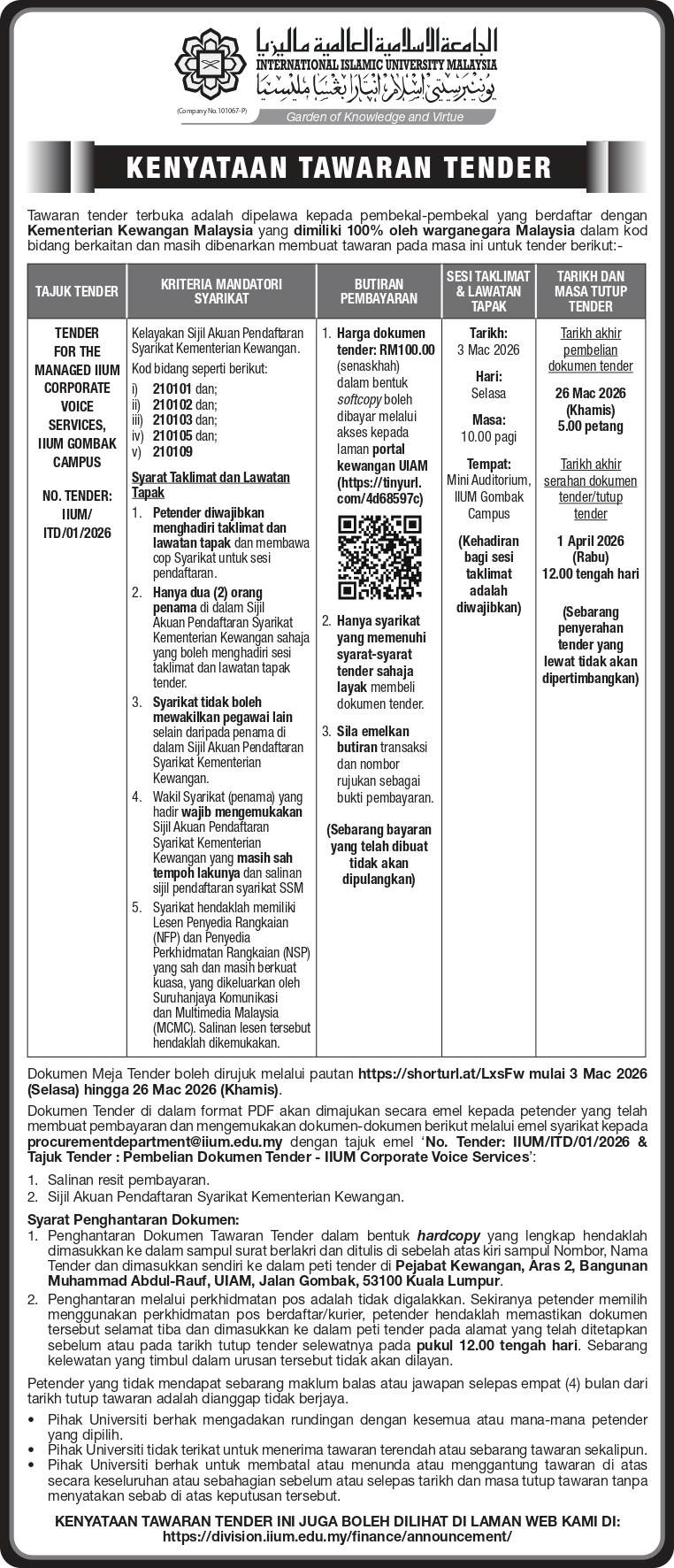 TENDER FOR THE MANAGED IIUM CORPORATE VOICE SERVICES, IIUM GOMBAK CAMPUS