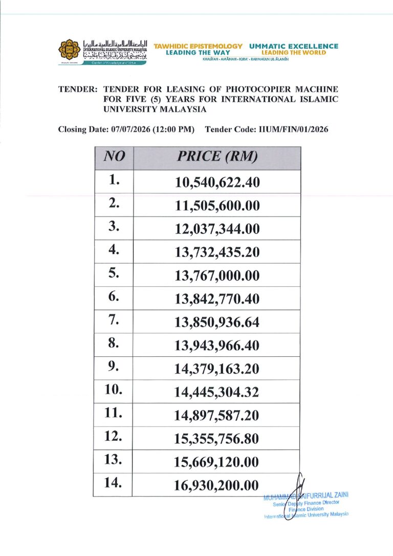 Price Listings Tender for Leasing of Photocopier Machine for Five (5) Years for International Islamic University Malaysia (IIUM/FIN/01/2026)