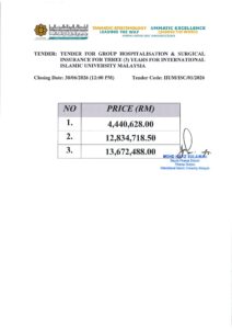 Price Listings for tenders: Tender for Group Hospitalisation & Surgical Insurance for Three (3) Years for IIUM (IIUM/ISC/01/2026)