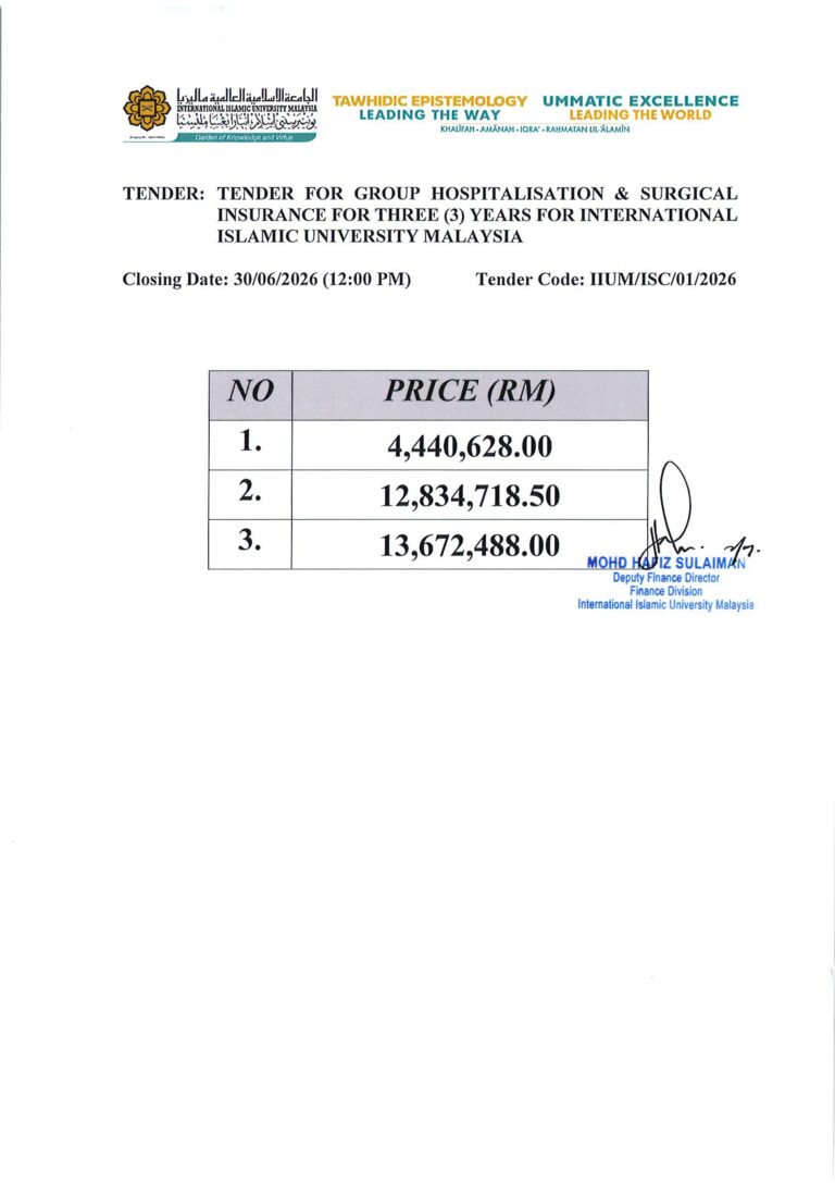 Price Listings for tenders: Tender for Group Hospitalisation & Surgical Insurance for Three (3) Years for IIUM (IIUM/ISC/01/2026)