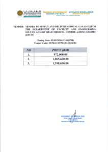 Price Listing for the Tender to Supply and Deliver Medical Gas (LOX) for the Department of Facility and Engineering, Sultan Ahmad Shah Medical Centre @IIUM (SASMEC @IIUM);