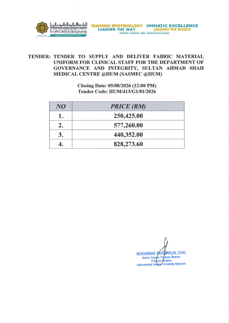Price Listing for the Tender to Supply and Deliver Fabric Material Uniform for Clinical Staff for the Department of Governance and Integrity, Sultan Ahmad Shah Medical Centre @IIUM (SASMEC @IIUM);