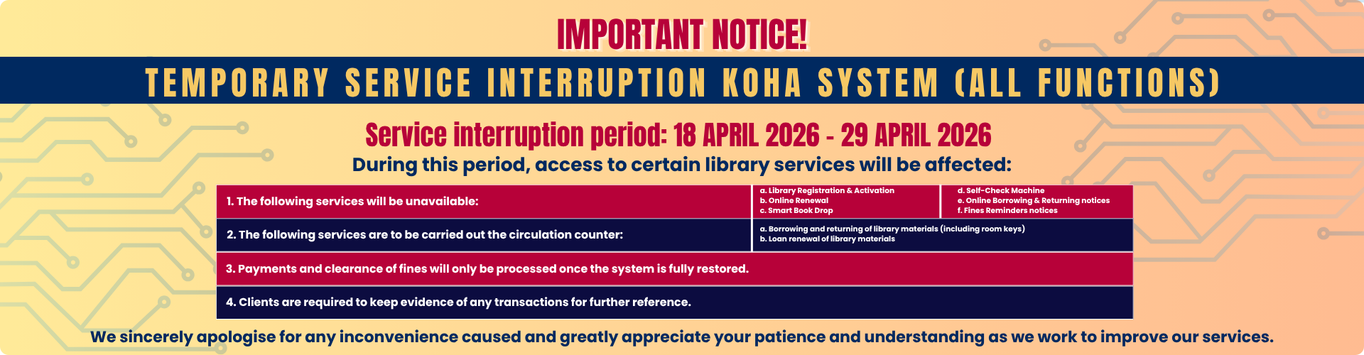 IIUM Lib Temporary Service Interuption KOHA System (All Functions)